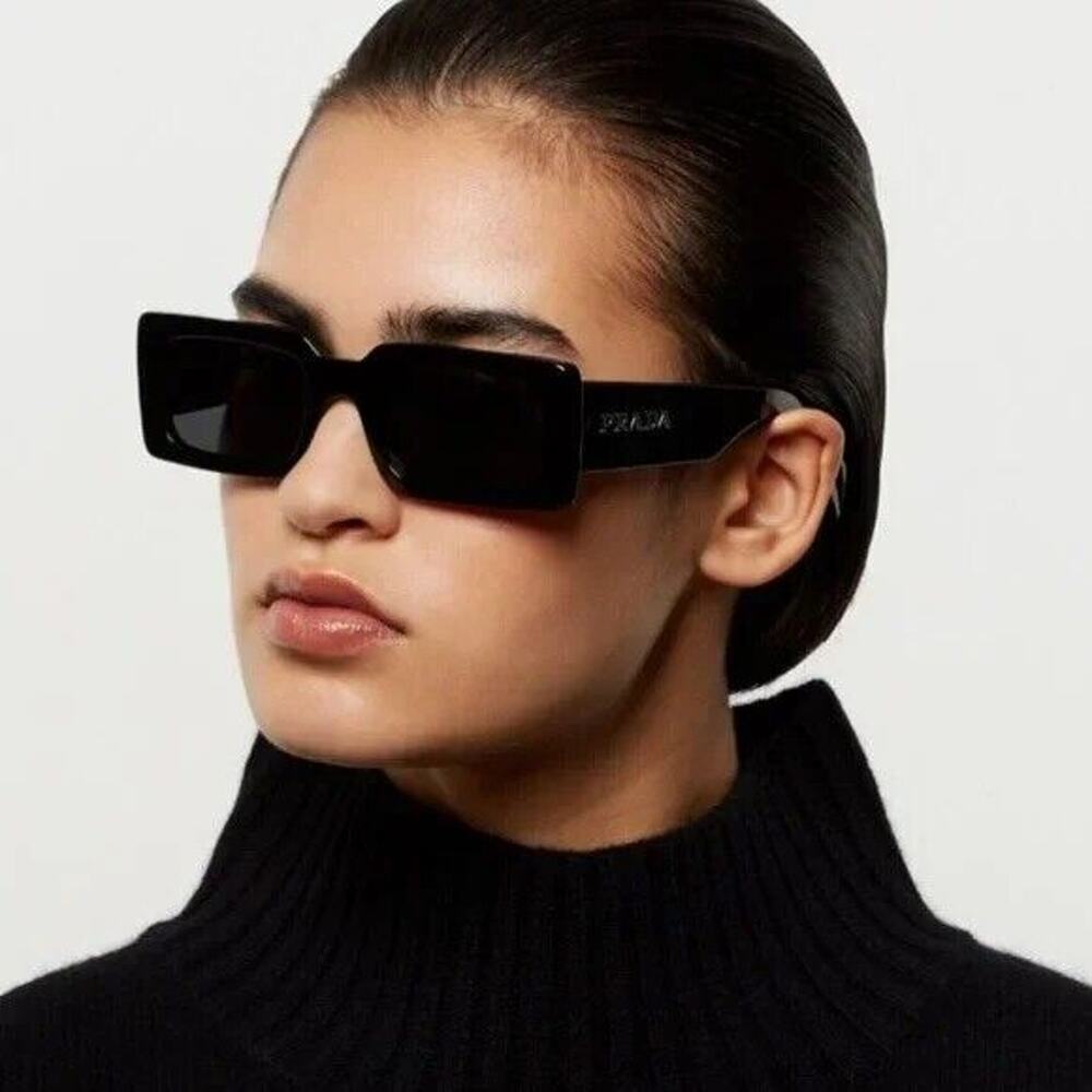 PRADA PR A07 1AB5S0 Black Silver Logo Dark Grey Lens Sunglasses